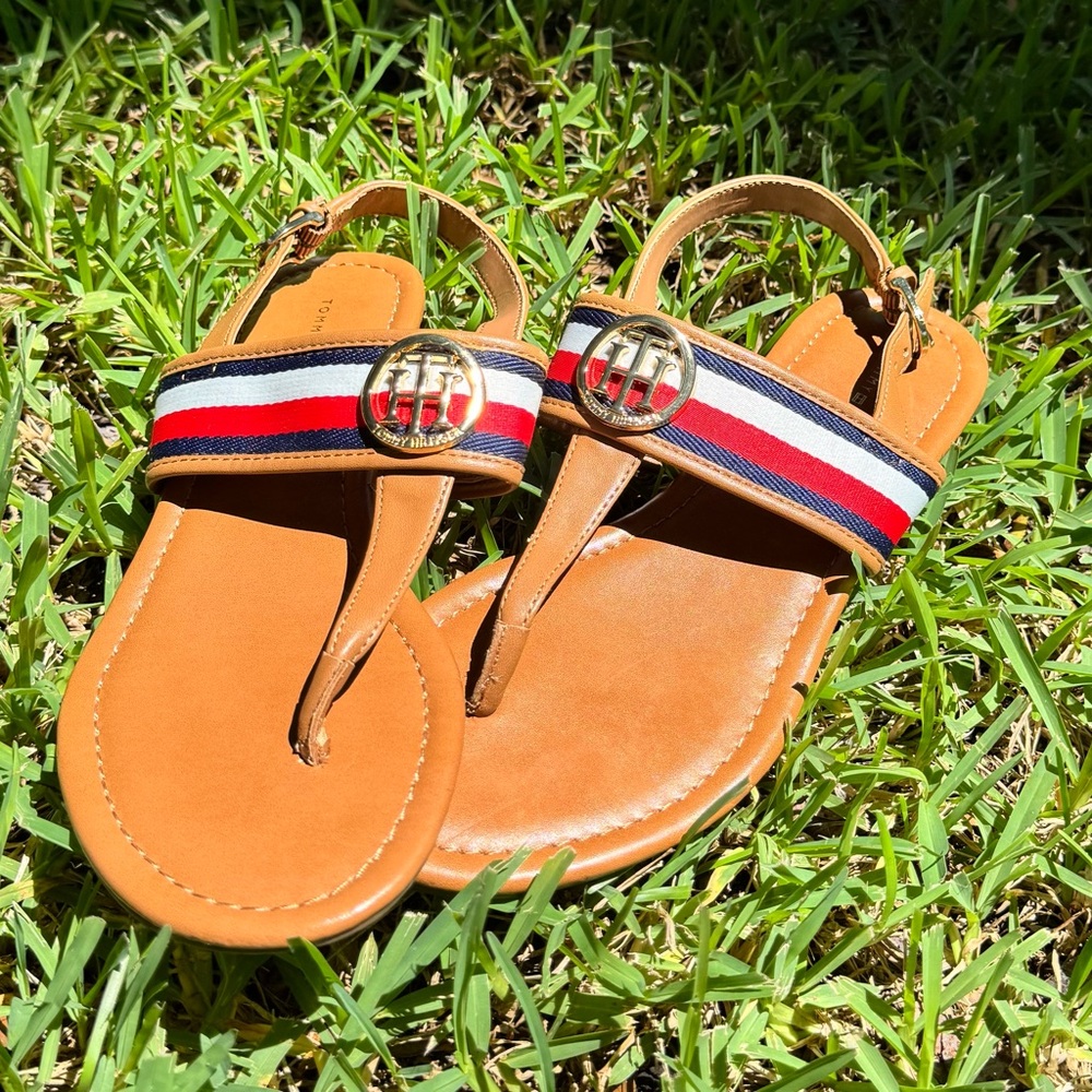 Tommy Hilfiger Brown Sandals with Red, White, and Blue Straps-Barely Worn